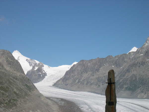 View up the Aletch glacier and a reminder of the danger if you are not careful